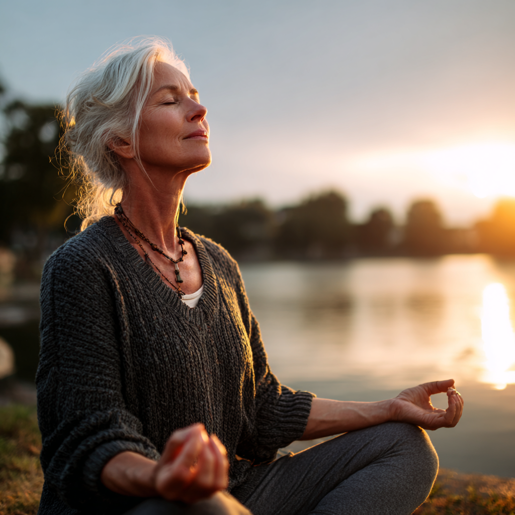 Mature adult in peaceful yoga pose demonstrating mindfulness and wellness